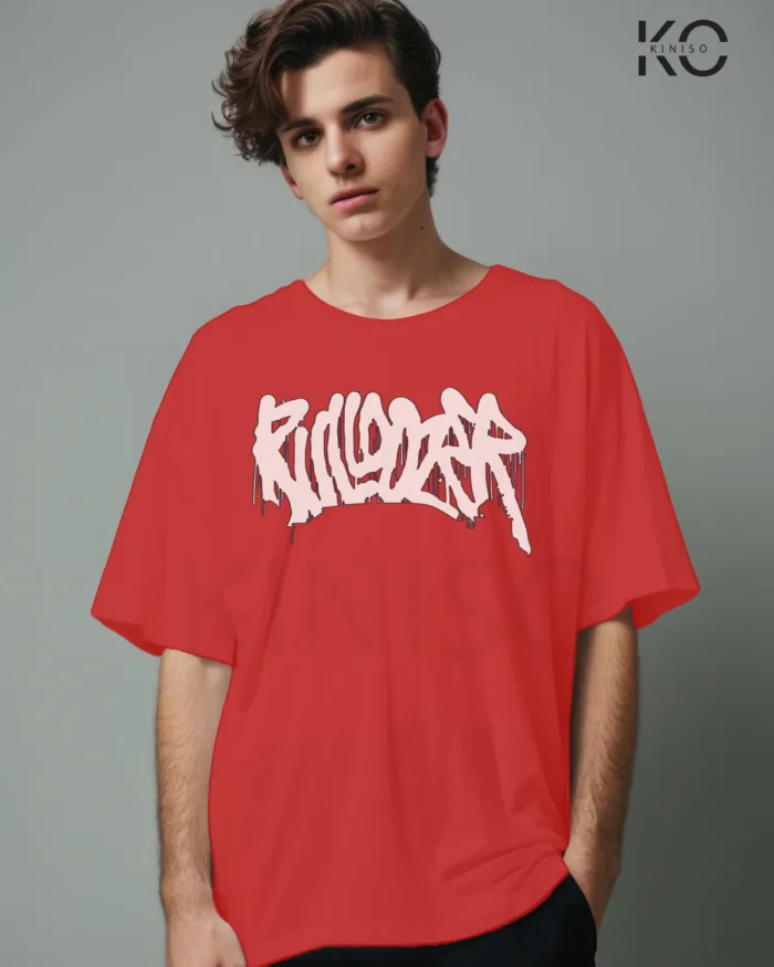 Image of Red color drop shoulder t-shirt with Bulldozer Print for men at reasonable price